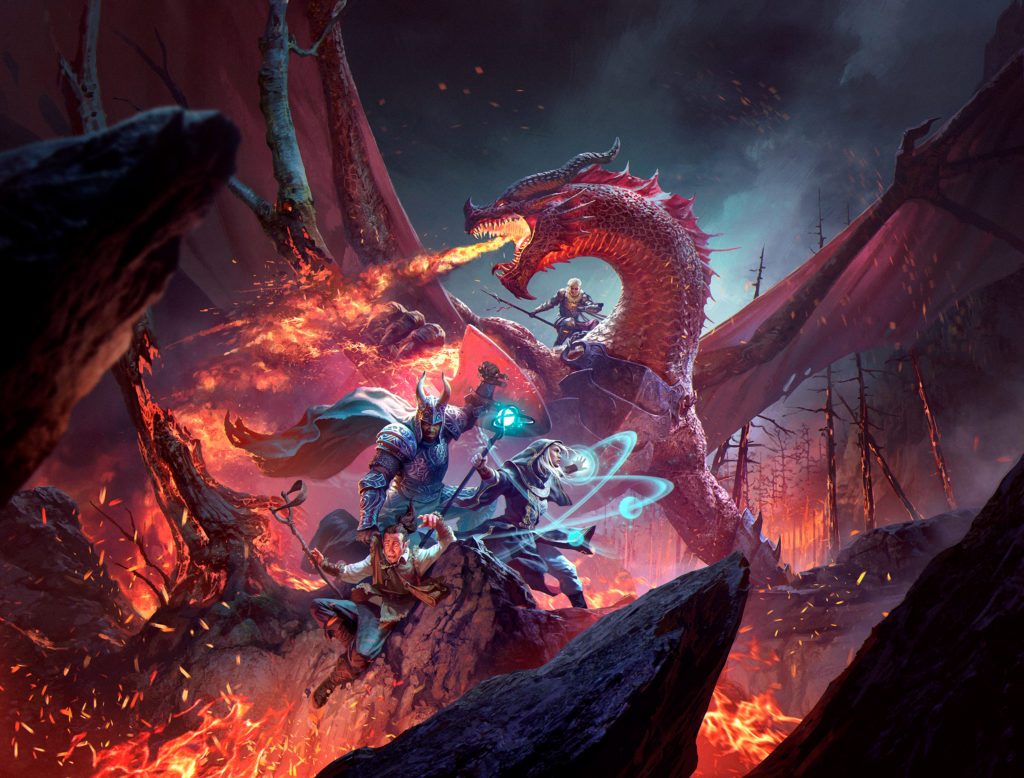 D&D Dragonlance marketing key art by Andrey Kuzinskiy. A knight shields a dragons fiery breath and holds onto a falling Kender. A powerful sorcerer casts spells.